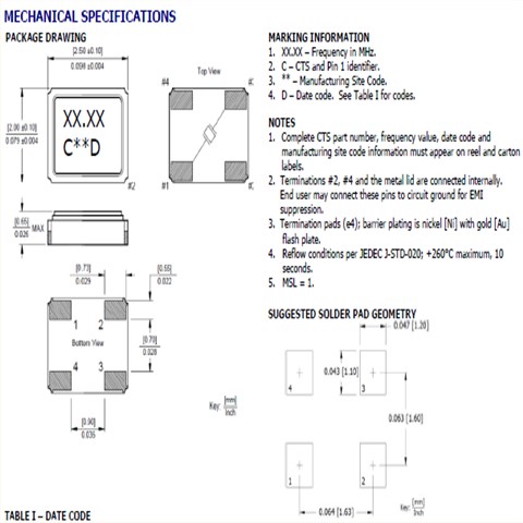 CTS晶振,压电石英晶体,425贴片无源晶振