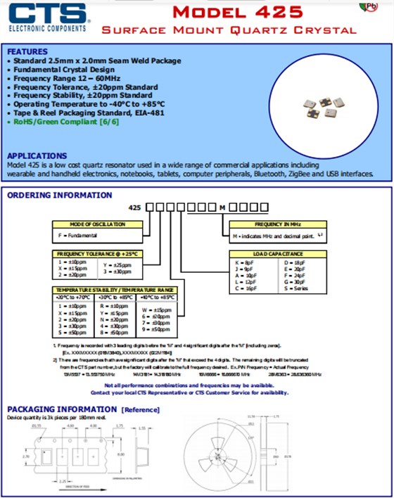CTS晶振,压电石英晶体,425贴片无源晶振