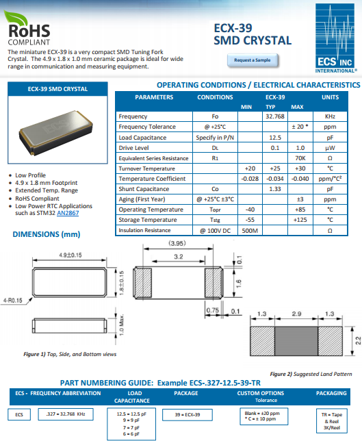 ECS晶振,进口32.768K,ECX-39贴片无源晶振