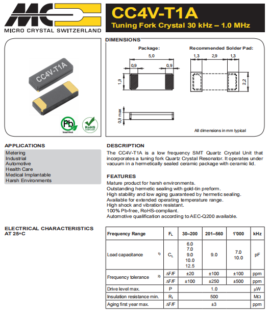 Microcrystal晶振,无铅晶振,CC4V-T1A钟表晶振