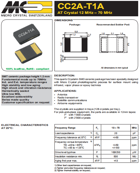 Microcrystal晶振,进口压电石英晶体,CC2A-T1A耐高温晶振