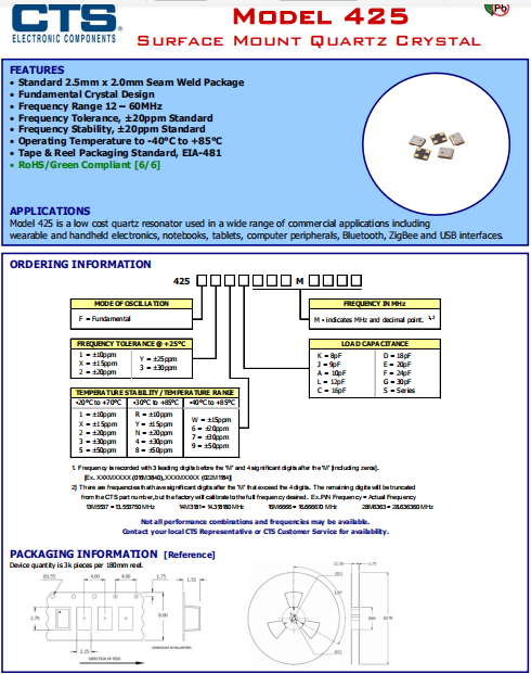 CTS晶振,压电石英晶体,425贴片无源晶振