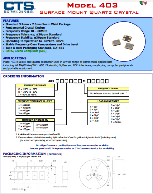 CTS晶振,耐高温晶振,403晶体