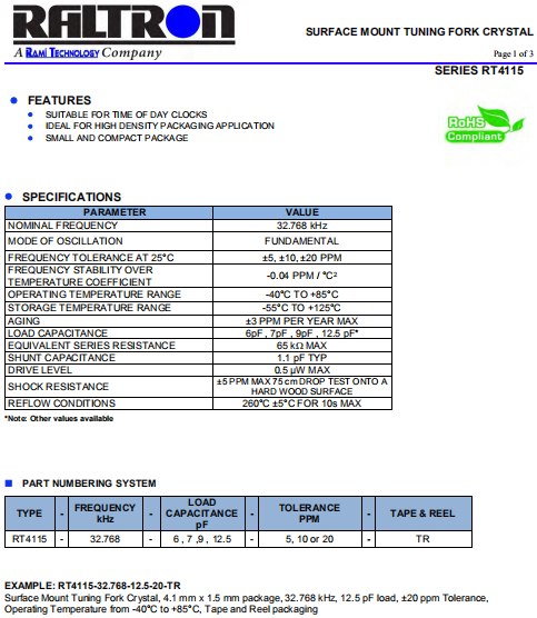 Raltron晶振,石英贴片晶振,RT4115晶体