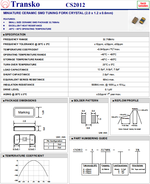 Transko晶振,无源环保晶振,CS2012晶体